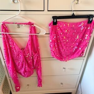 Oh Polly Embellished Top & Mid-Rise Micro Mini Skirt Set in Bubblegum Pink